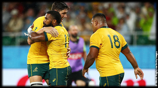 Australia v Georgia Rob Simmons Marika Koroibete Taniela Tupou RWC2019